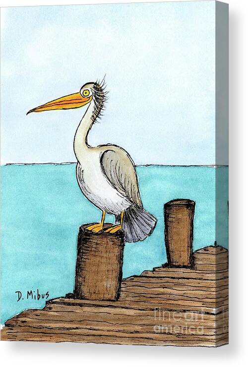 Coastal Bird Canvas Print featuring the painting Pelican Perched on Pier by Donna Mibus