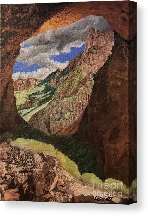  Superstition Mountains Canvas Print featuring the painting Secret of the lost Peter's cave by Barbara Clements