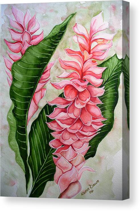 Flower Painting Floral Painting Botanical Painting Ginger Lily Painting Original Watercolor Painting Caribbean Painting Tropical Painting Canvas Print featuring the painting Pink Ginger Lilies by Karin Dawn Kelshall- Best