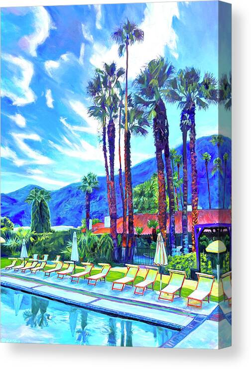 Palm Springs Canvas Print featuring the painting Poolside in Palm SpringsPalm Springs, pool, poolside, blue, yellow, mountain, storm, palms, desert, by Bonnie Lambert