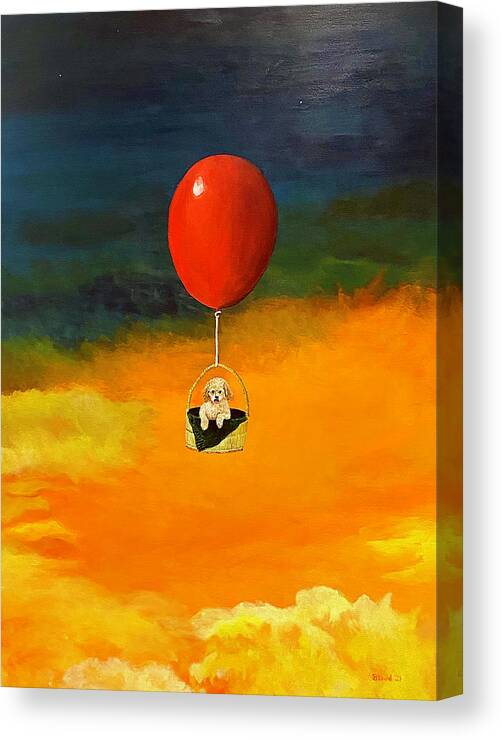 Balloon Ride Canvas Print featuring the painting Pup, Up and Away by Thomas Blood