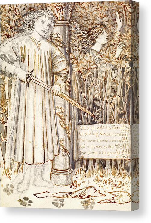 Ovid Canvas Print featuring the drawing Pyramus and Thisbe, Pyramus Draws His Sword to Slay Himself by Edward Burne-Jones