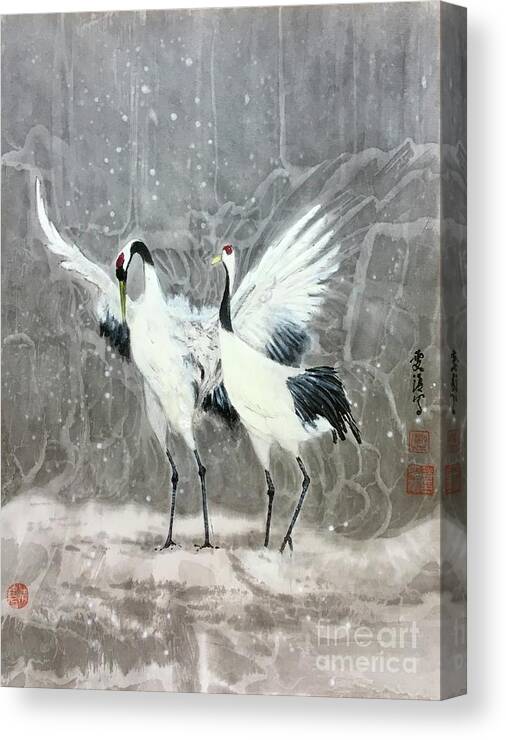 Red-crowned Cranes Canvas Print featuring the painting Red-Crown Crane - 1 Sweet Quiet Moment by Carmen Lam