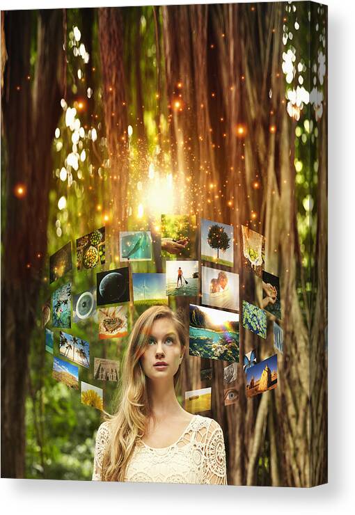 Tranquility Canvas Print featuring the photograph Screens floating around Caucasian woman in forest by Colin Anderson Productions pty ltd