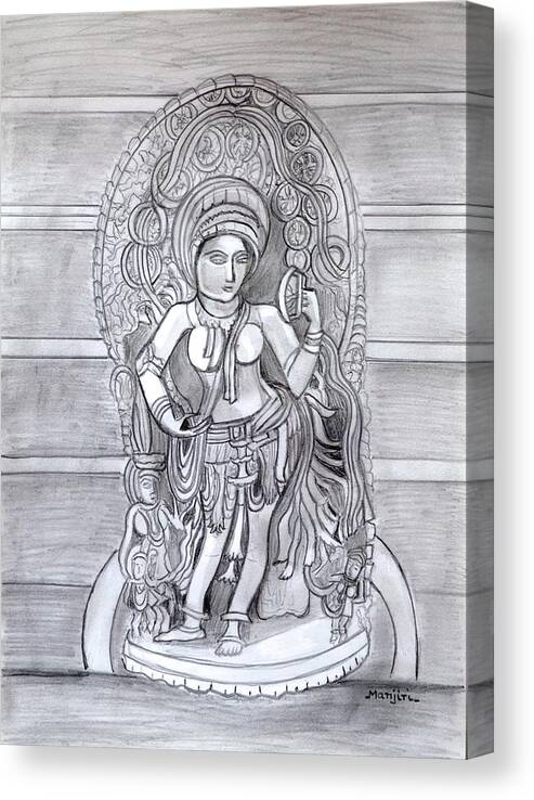 Sculpture Canvas Print featuring the drawing Sculpture pencil drawing of Madanika Chennakesava temple Karnataka by Manjiri Kanvinde