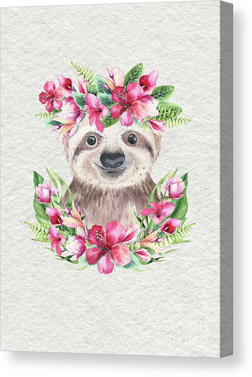 Sloth With Flowers Canvas Print featuring the painting Sloth With Flowers by Nursery Art