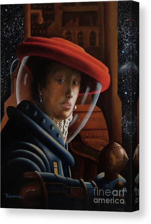 Astronaut Canvas Print featuring the painting Spacegirl with Red Helmet - after Vermeer by Ken Kvamme