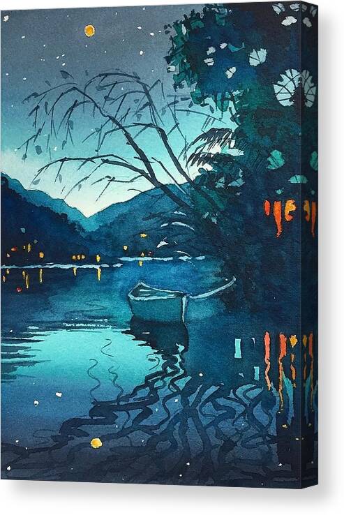 Night Canvas Print featuring the painting Starry Night over the lake by Luisa Millicent