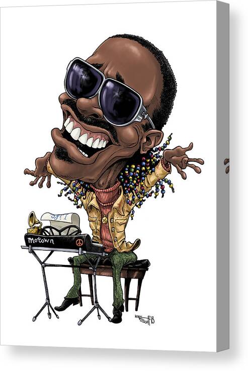 Caricature Canvas Print featuring the drawing Stevie Wonder in color by Mike Scott