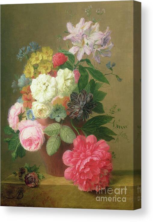 Pink Rose Canvas Print featuring the painting Still Life of Flowers by Arnoldus Bloemers by Arnoldus Bloemers
