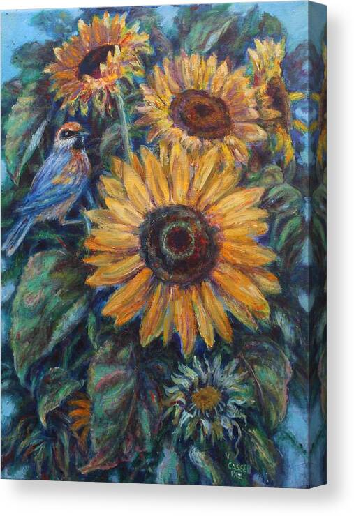 Sunflowers With Bird Canvas Print featuring the painting Sunflowers by Veronica Cassell vaz