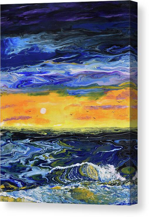 Pour Painting Canvas Print featuring the painting Sunset Seascape in Blue and Yellow by Laura Iverson
