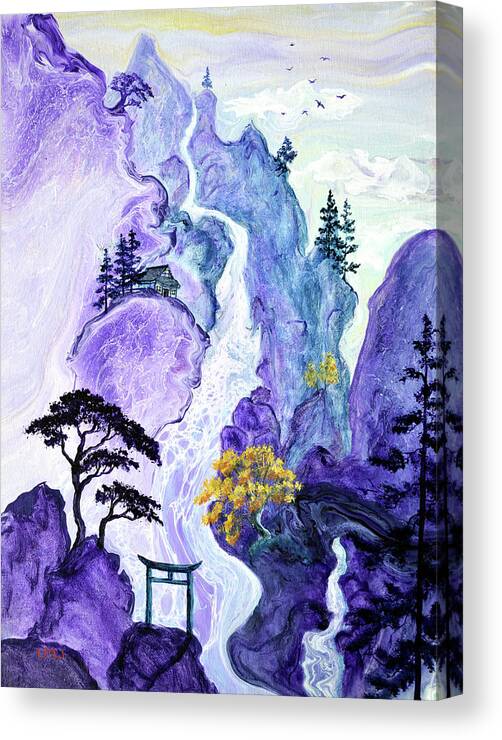 Teal Canvas Print featuring the painting Temple in the Purple Mountains by Laura Iverson