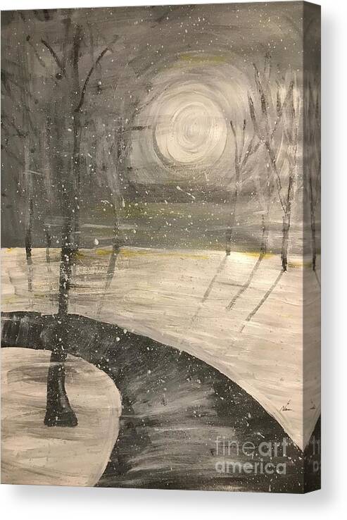 Encircling Eye - Canada Winter Scene Night Evening Snow Storm Moonlight Canvas Print featuring the painting The Encircling Eye by Nina Jatania
