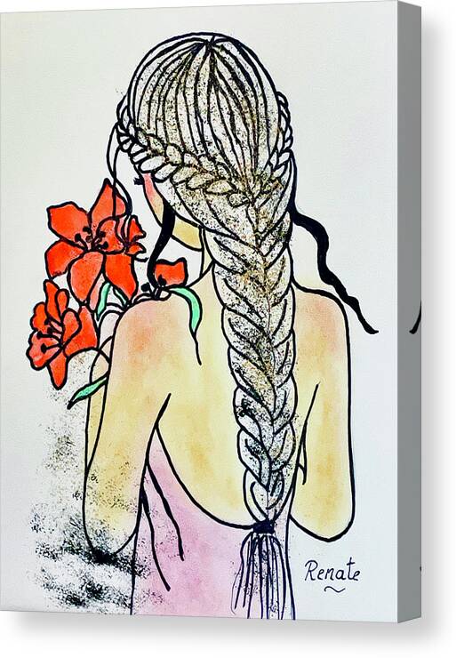 Girl With Flowers Figurative  Canvas Print featuring the drawing The Flowergirl by Renate Dartois