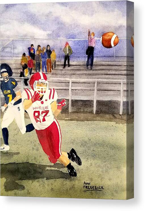 Football Canvas Print featuring the painting The Lucas Catch by Ann Frederick