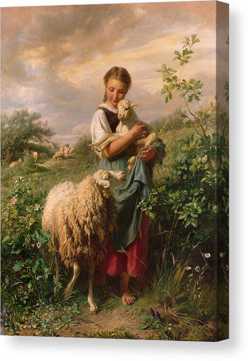 Pastoral Canvas Print featuring the painting The Shepherdess by Johann Baptist Hofner