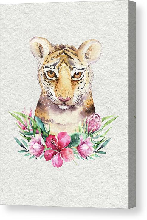 Tiger With Flowers Canvas Print featuring the painting Tiger With Flowers by Nursery Art