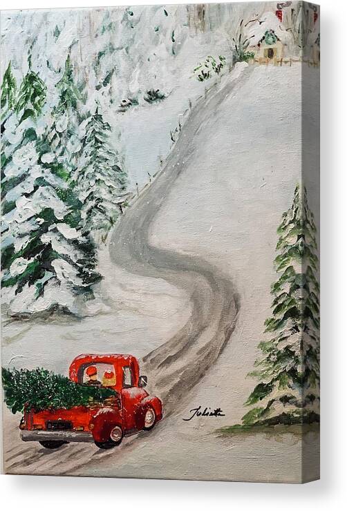 Red Truck Canvas Print featuring the painting To Grandmothers House We Go by Juliette Becker