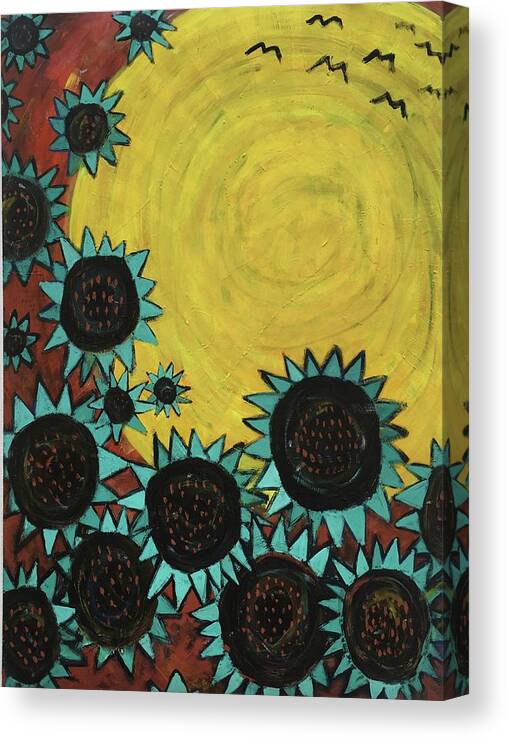 Sun Canvas Print featuring the painting Turquoise Sunflowers by Cyndie Katz