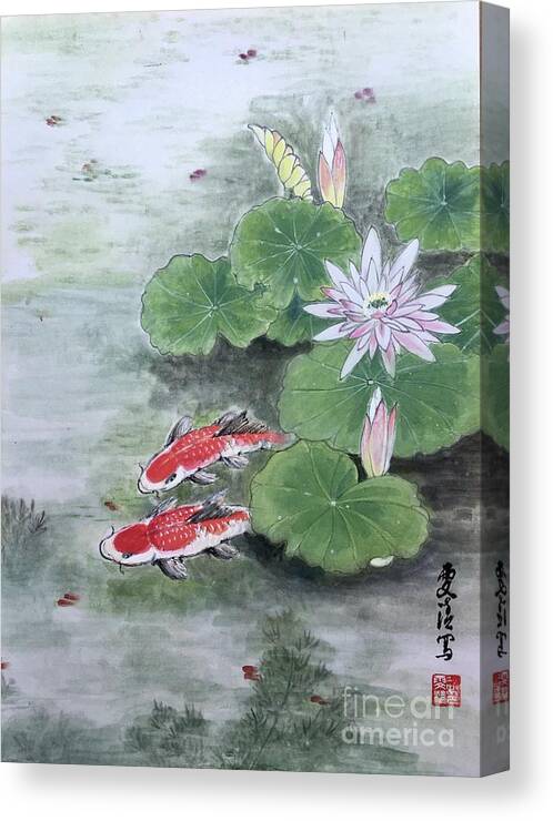 Lake Canvas Print featuring the painting Fishes Joy - 2 by Carmen Lam