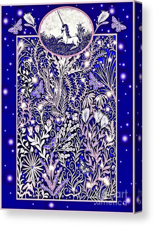 Unicorn Canvas Print featuring the mixed media Unicorn Garden Tapestry Design in Midnight Blue by Lise Winne