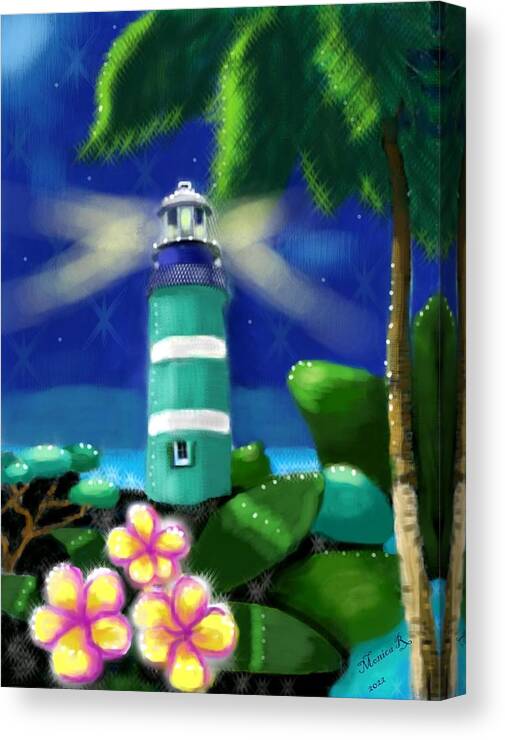 Lighthouse Canvas Print featuring the digital art Whimsical Tropical Lighthouse by Monica Resinger
