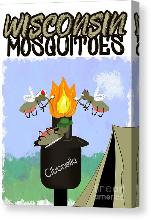Wisconsin Canvas Print featuring the photograph Wisconsin Mosquitoes Cartoon Camping by Tiki Torch by Colleen Cornelius