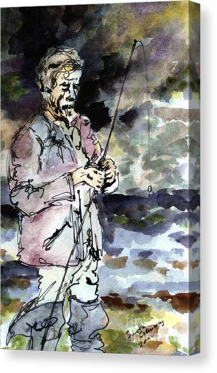  Canvas Print featuring the painting Uncle Paul Fishing in the Pyrenees Mountains by Ginette Callaway