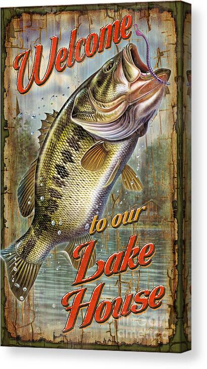 Jon Q Wright Canvas Print featuring the painting Welcome Lake House Sign by JQ Licensing
