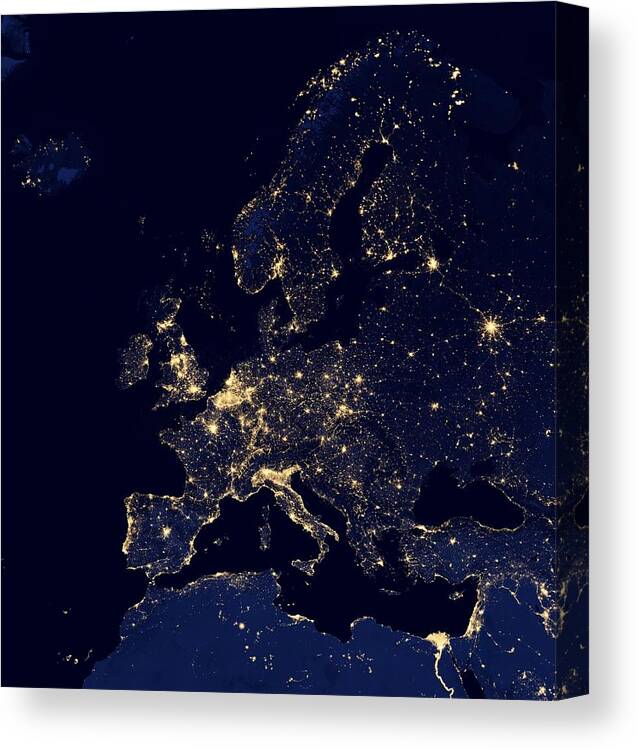 Earth Canvas Print featuring the photograph Europe at night, satellite image #1 by Science Photo Library