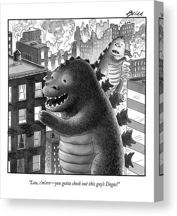 Art Painting Fictional Characters Urban Edgar

(godzilla Talking To Another Monster About The Art In An Apartment Building He Is Rampaging.) 122610 Hbl Harry Bliss Canvas Print featuring the drawing Lou, C'm'ere - You Gotta Check Out This Guy's by Harry Bliss