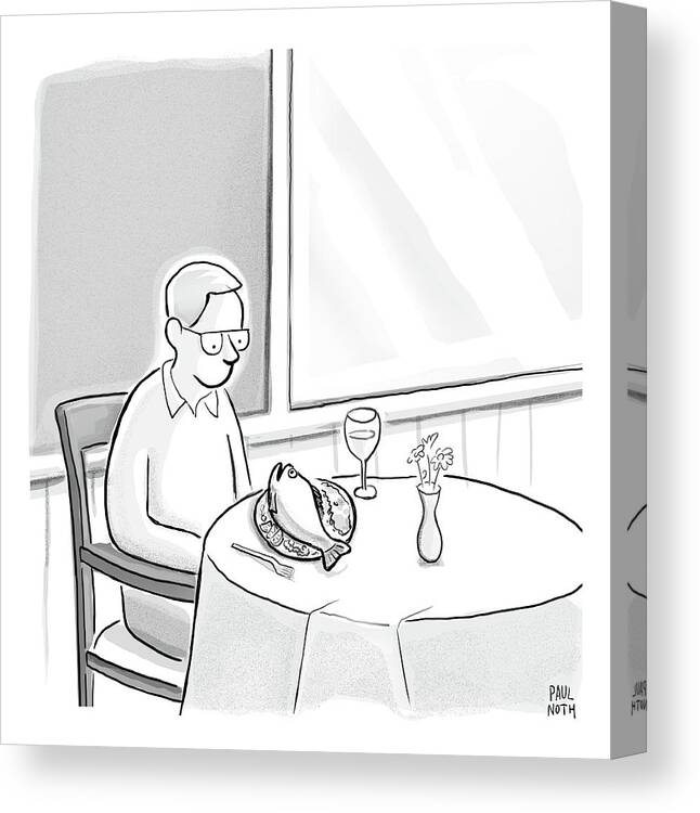 Cctk. Restaurant Canvas Print featuring the drawing A Man At A Restaurants Looks At The Fish by Paul Noth