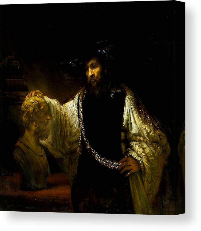 Aristotle Contemplating A Bust Of Homer Canvas Print featuring the painting Aristotle Contemplating a Bust of Homer by Rembrandt van Rijn