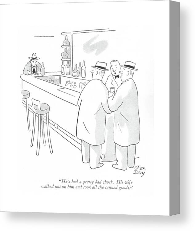 112688 Cda Chon Day Bartender About Upset Man At The End Of The Bar. About Alcohol Alcoholic Alcoholism Argue Arguing Argument Bar Bartender Breakups Depressed Depression Dispute Divorce Drink Drinking Drunk Eat Eating Effort End ?ght ?ghting Food Front Home Inebriated Intoxicated Liquor Man Marriage Misery Morose Problems Quarrel Quarreling Ration Rationing Relationships Sad Sadness Unhappiness Unhappy Upset War World Canvas Print featuring the drawing He's Had A Pretty Bad Shock. His Wife Walked by Chon Day