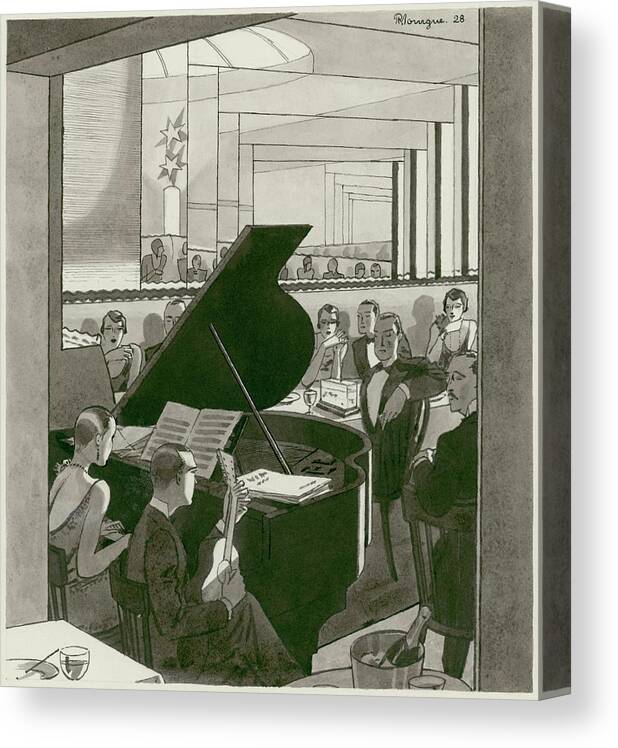 Illustration Canvas Print featuring the digital art Musicians Entertain Patrons by Pierre Mourgue