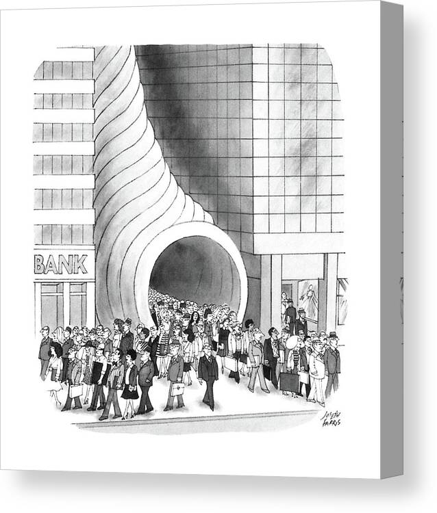 No Caption
A Crowd Of People Is Pouring Out Of A Cornucopia- Shaped Building Between Two Mare Normal-looking Skyscrapers. 
No Caption
A Crowd Of People Is Pouring Out Of A Cornucopia- Shaped Building Between Two Mare Normal-looking Skyscrapers. 
Urban Canvas Print featuring the drawing New Yorker August 8th, 1988 by Joseph Farris