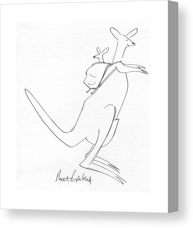 77301 Mge Mort Gerberg (kangaroo Carries A Joey In A Knapsack.) Animal Animals Baby Backpack Bag Carries Child Hop Hopping Joey Kangaroo Kangaroos Knapsack Marsupial Mother Pouch Sack Canvas Print featuring the drawing New Yorker July 12th, 1976 by Mort Gerberg