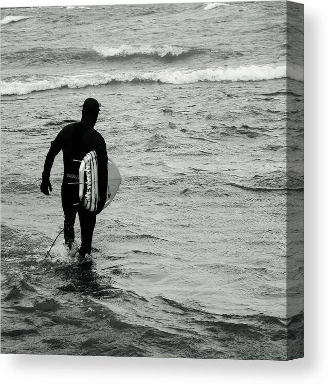  Sport Surfer Wave Surfboard Surfing Activity Water Man Surf Board Sea Ocean Adult Fun Summer Holiday Blue Person Beach Outdoors Young Action Lifestyle Body Day Male Woman People Illustration Black And White James Canning Fine Art Canvas Print featuring the photograph On my way by James Canning