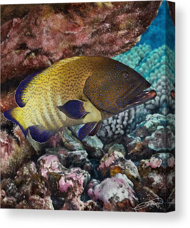 Fish Canvas Print featuring the digital art Peacock Grouper by Owen Bell
