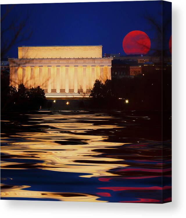 Washington D.c. Canvas Print featuring the photograph Perigee Moon over the Lincoln Memorial by Mountain Dreams