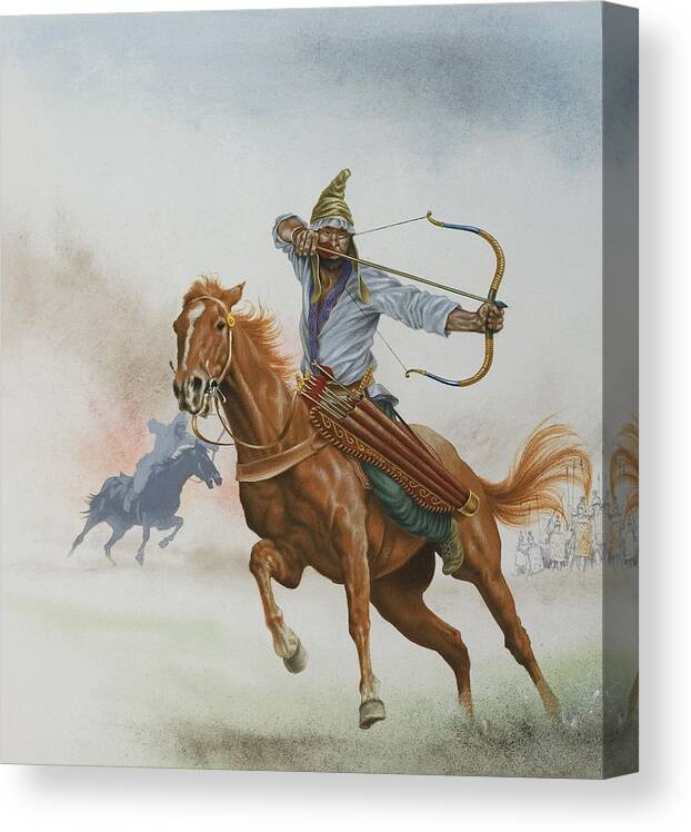 Uzbekistan; Horseman; Horse; Bow And Arrow; Weapon; Fight; Battle; Traditional Costume; Quiver; Asia; Warrior; Warriors Canvas Print featuring the painting Horsemen from the Steppes by English School