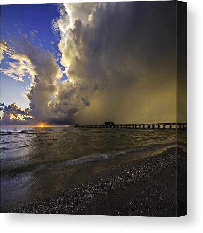 Naples Pier Canvas Print featuring the photograph Naples Pier Storm Sunset by Nick Shirghio