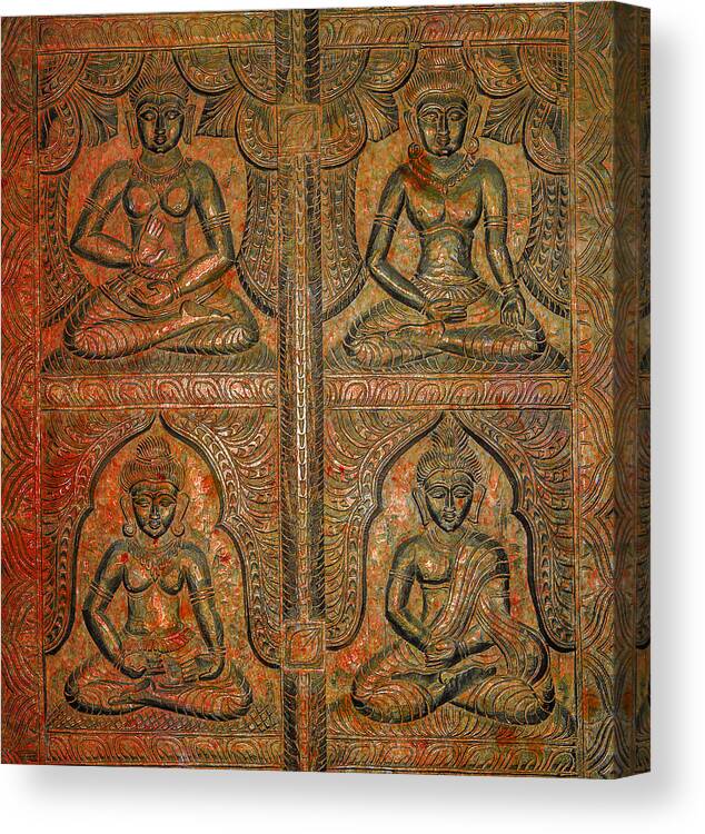 Buddha Canvas Print featuring the digital art 4 panels Buddhas Wall Carving with antique filter by Fred Bertheas