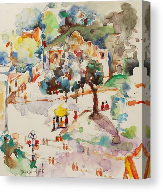 Watercolor Canvas Print featuring the painting Alamo from hotel Window by Becky Kim