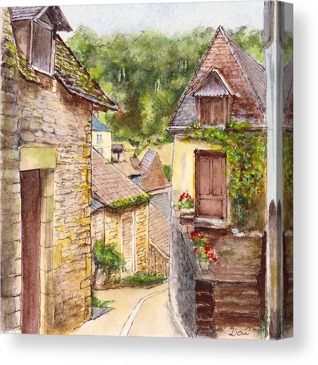 Village Canvas Print featuring the painting Beynac et Cazenac Nouvelle Aquitaine France by Dai Wynn
