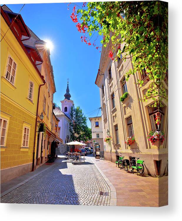 Capital Canvas Print featuring the photograph Cobbled old street and church of Ljubljana vertical view by Brch Photography