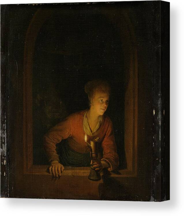 Girl With Lamp Canvas Print featuring the painting Girl with an Oil Lamp at a Window by Vincent Monozlay