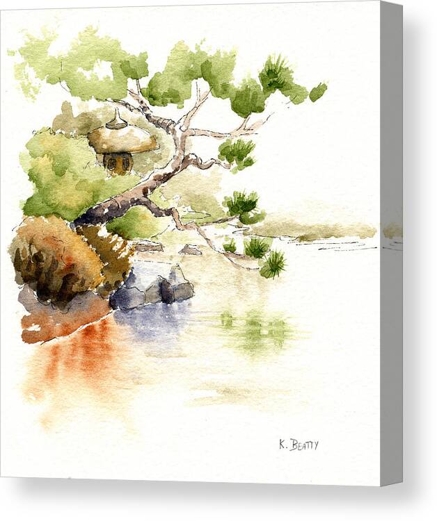 Watercolor Canvas Print featuring the painting Japanese Garden Pond Sketch by Karla Beatty
