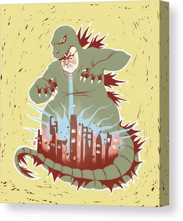 One Person Canvas Print featuring the drawing Man with dragon costume destroying city by Stephanie Pena